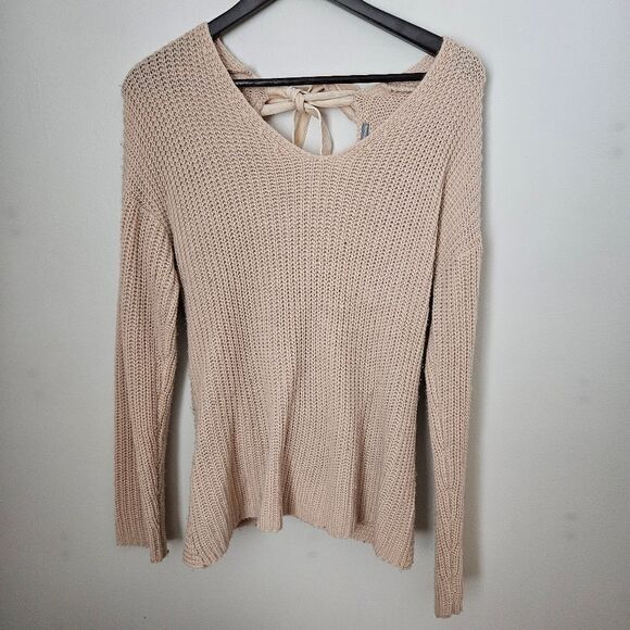 Charlotte Russe Sweater Cream Tie Open Back Ribbon Knit Casual Neutral Tan - Picture 1 of 9